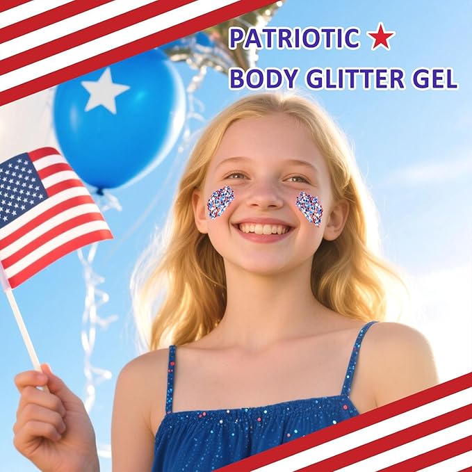 Red White and Blue Body Glitter,Patriotic Pride Hair Glitter for Kids,4th of July Accessories Outfits for Women Face Glitters Makeup Chunky Sequins,Fourth of July Accessories (Patriotic Themed)