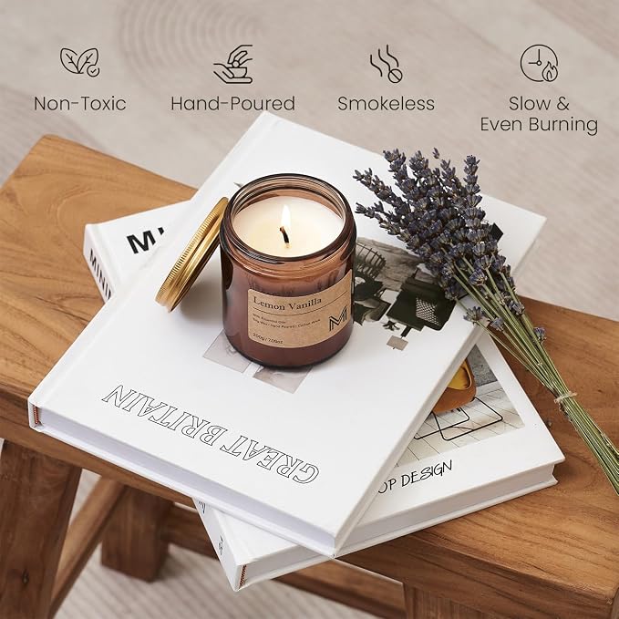 M&SENSE Lemon Vanilla Scented Small Candle, 7.5Oz Aromatherapy Candle for Home Fragrance, Soy Wax Candles Gift for Birthday, Housewarming, Amber Jar Candle for Stress Relief, Meditation, Yoga