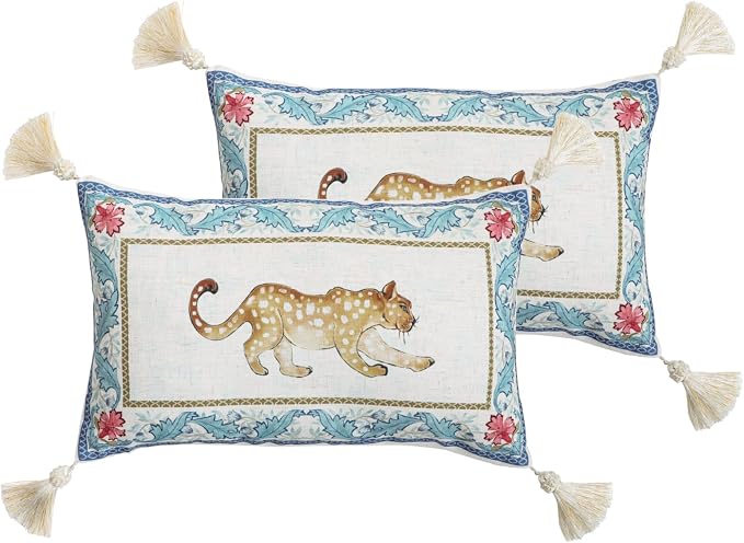 patdrea Designer Vintage Linen Throw Pillow Cover,12"x20",Set of 2-Fromm B | Elegant Decorative Pillow Case,Leopard Print with Tassel,Pillow Cover for Couch Living Room Bedroom Sofa
