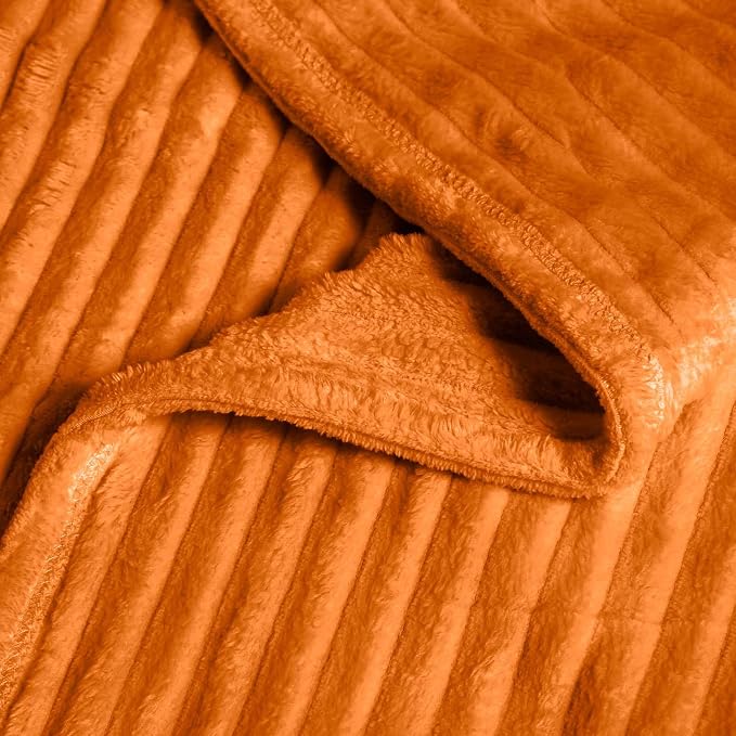 Vessia Flannel Fleece Queen Size Blanket for Bed,Couch,Sofa(90x90 inch), 300GSM Microfiber Burnt Orange Striped Bed Blanket for Adults, Super Soft Warm Cozy Lightweight Ribbed Decor for All-Season