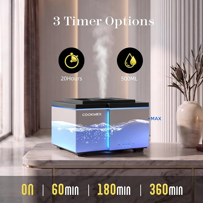 All Day Long-Lasting Aromatherapy, 500ML Large Aromatherapy Diffuser: Ultrasonic Cool Mist Humidifier, Remote Control, 7 Color Lights, Timer, Auto-Off for Home/Bedroom/Yoga (Silver)