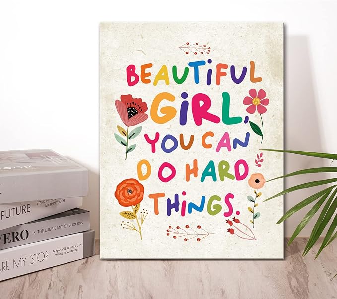 Beautiful Girl You Can Do Hard Things Wall Art Canvas Framed,Inspirationa Wall Decor for Girls,Teen Girl Room Bedroom Wall Decor