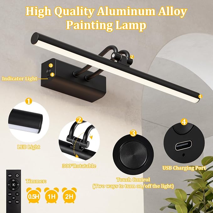 Battery Operated Wall Light, 13.8'', Set of 2, Black, Remote Control | 4000mAh Cordless, Wall Light, Magnetic for Easy to Charge,Timers, Display for Gallery Living Room Bedroom