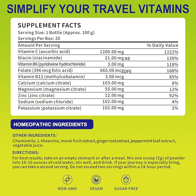 Jet Relief Lag Powder (100g) - Natural Flight Recovery with Electrolytes & Plant-Based Extracts - Supports Focus, Sleep Rhythm & Fatigue Relief - Long Flight Must Haves