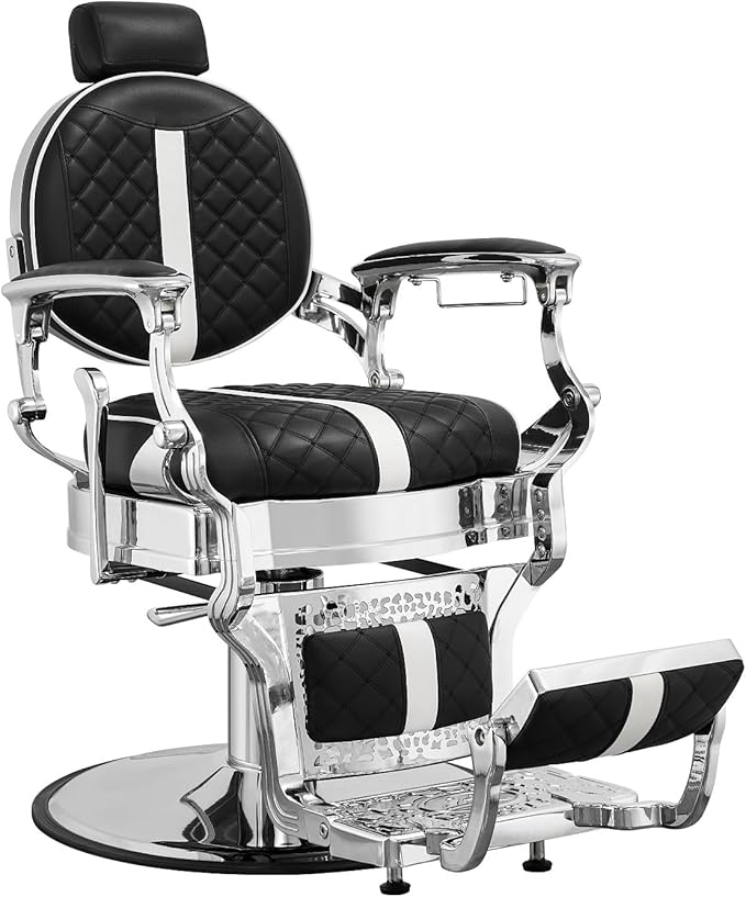 Kaleurrier Heavy Duty Barber Chair for Barbershop - Quilted Leather Hair Stylist Chair with Chrome Accents - Salon Furniture Equipment for Salon Station Home Massage Tattoo Black and White