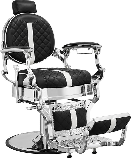 Kaleurrier Heavy Duty Barber Chair for Barbershop - Quilted Leather Hair Stylist Chair with Chrome Accents - Salon Furniture Equipment for Salon Station Home Massage Tattoo Black and White