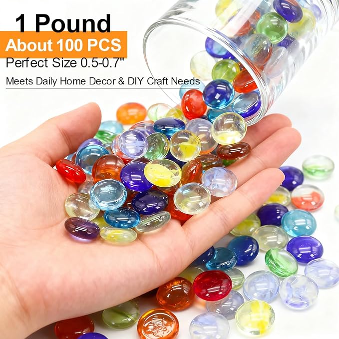 Mixed Gemstone Flat Bottom Glass Beads for Vase, Aquarium & Fish Tank | Mixed Color Decorative Stone Vase Fillers for Planter, Crafts, Home Art Decoration (Colorful, 1 Pound)
