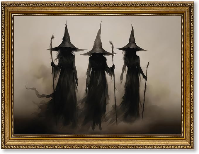 JLTULT Three Witches Halloween Wall Art, Gothic Framed Canvas, 8 x 10 in | Dark three-witch scene on fade-resistant canvas with an ornate ready-to-hang PS frame for entryways and Halloween displays