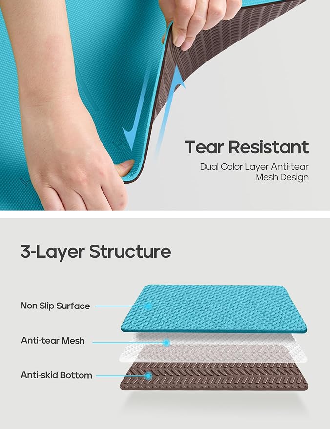 Heathyoga Yoga Mat Non Slip TPE Pilates Exercise Mats for Home Workout Gym Fitness Eco Friendly Thick Hot Yoga Mat with Strap Body Alignment,72"x 26" Thickness 1/4"