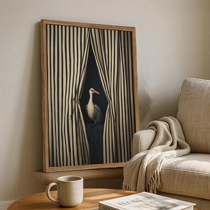Framed Moody Crane Wall Art, Eclectic Vintage Bird Pictures Wall Decor Paintings, Surreal Humorous Animal with Black and White Striped Canvas Prints for Living Room Bedroom Bathroom Dorm 16x24 inch