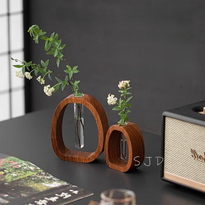 Walnut Wood Glass Flower Vase with Test Tubes | Modern Hydroponic Planter for Fresh Cut Flowers | Handcrafted Tabletop Decor for Home, Office, Farmhouse Style (Large)