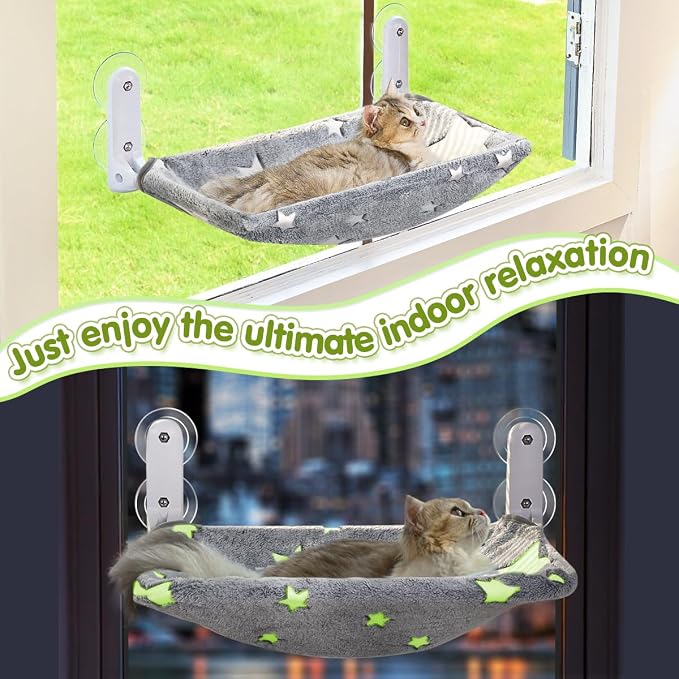 Zoratoo 2PC Glowing Star Cat Window Perch, Foldable Cordless Pet Hammock, M | Glow in the Dark Fabric, Sturdy Metal Frame, Removable for Machine Wash,Comfortable Sunken Design Resting Seat for Indoor Cat