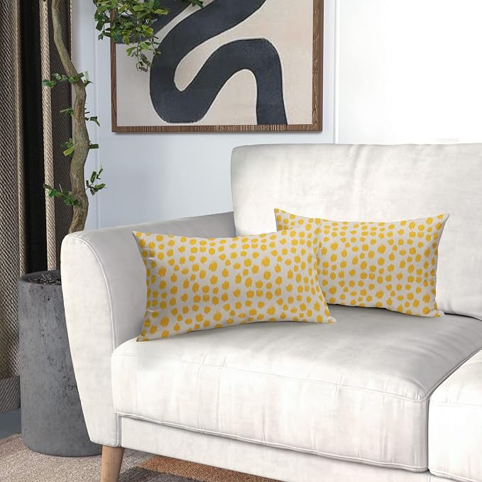 Yellow Cream Pillow Covers 12x20 Set of 2 Boho Design Polka Dot Throw Pillows Modern Brush Strokes Print Decorative Outdoor Pillowcase Lumbar Cushion Cover Linen Pillow Case for Home Sofa Couch Bed