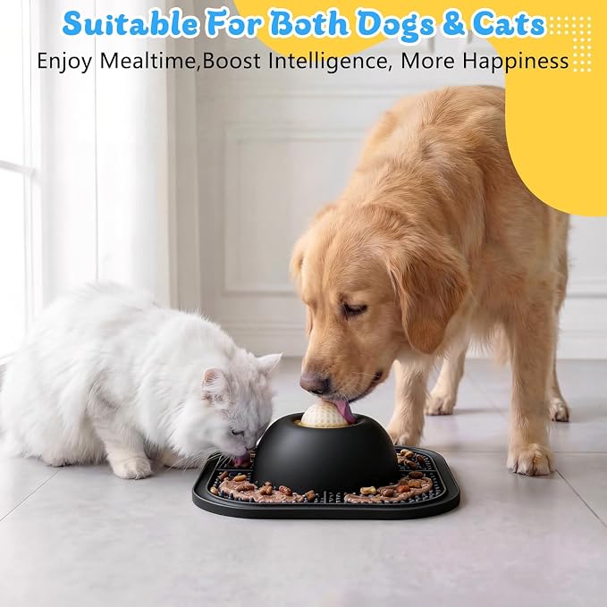 Slow Feeder Dog Bowls & Lick Mat for Liquid and Thick Treat, Anti-Slip Dog Lick Bowl with Interactive Rolling Ball, 5/6 Cup Pup Licking Toy for Large Medium Small Dogs and Cats Black