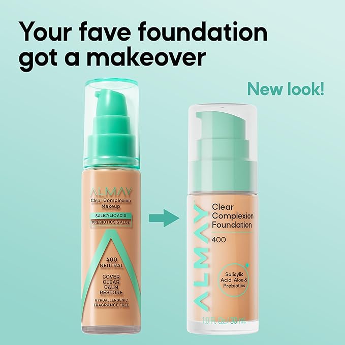 Almay Clear Complexion Foundation, Oil-Free Face Makeup for Acne-Prone Skin, Buildable Coverage, Soft-Matte Finish, Vegan, 910, 1 fl oz