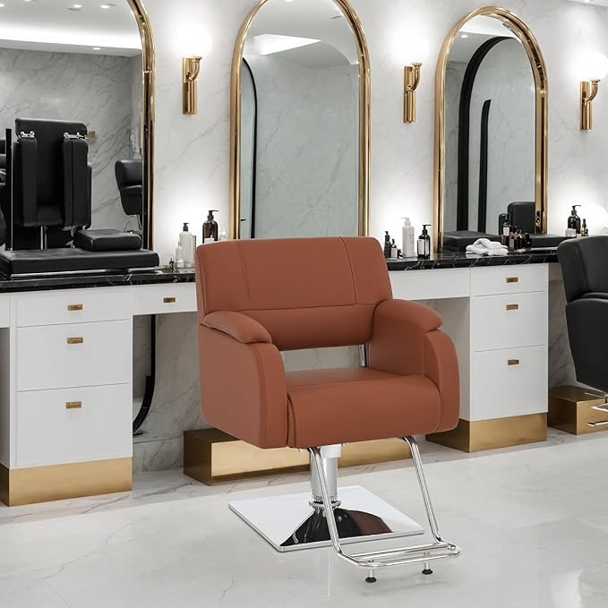 BarberPub Modern Salon Chair with Adjustable Height for Hairstylist, PVC Leather & 330lb Capacity for Home or Barbershop 8459 (Brown)