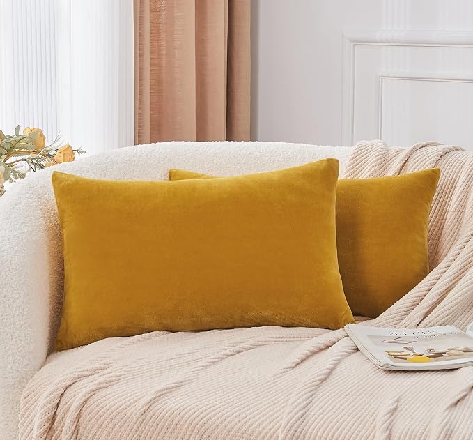 Throw Pillow Covers Mustard Yellow Set of 2 12x20 Inch Fall Pillow Covers, Soft Velvet Farmhouse Lumbar Decorative Pillowcases for Couch Sofa Bed, Home Boho Decor, Modern Cushion Covers