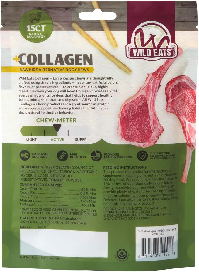Wild Eats Lamb Collagen Sticks for Dogs, 15 Pack, Bully Stick Alternative | Rawhide and grain free no hide chew treats, 1 cm chew width, high protein, long lasting, satisfies natural gnawing urges