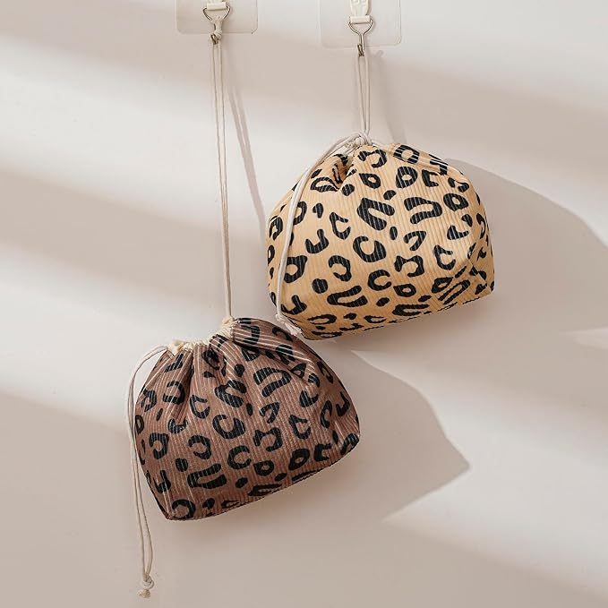 RSRSLEII Aesthetic Corduroy Drawstring Makeup Bag, Cute Coquette Drawstring Cosmetic Bag with Canvas Lining, Leopard Print Travel Makeup Organizer Case for Women Girls (09Khaki Leopard Print)