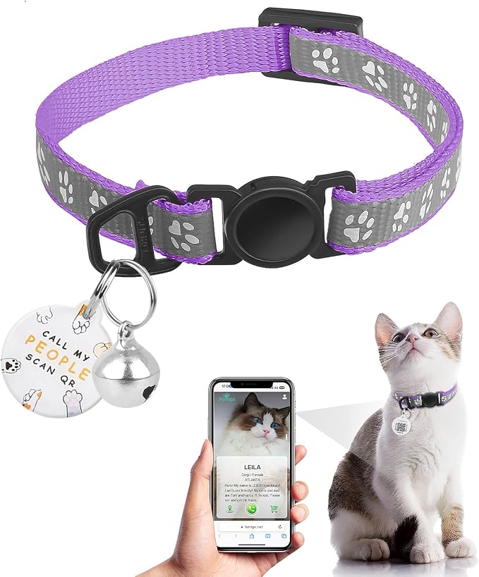 Breakaway Reflective Cat Collar with QR Name Tag & Bell (Light Purple)
