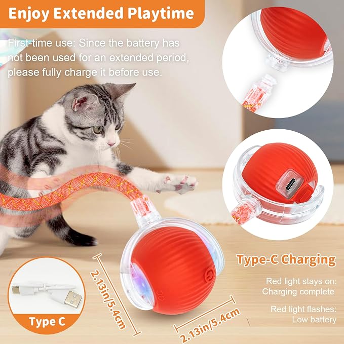 Cat Toys for Indoor Cats Smart Automatic Bal Moving Chase Dogs Toy, Red | Ball Rolling for Bored Kitten Pet, Upgraded Speedy Moving Chase Dogs Toy