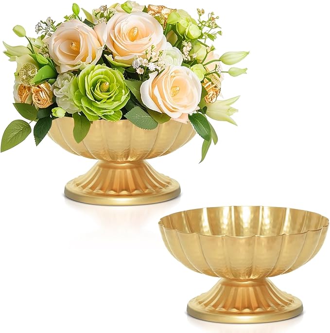 Gold Flower Vases for Centerpieces, 4 Inch, Set of 2 | Vintage Compote Bowl Vase, Small Pedestal Vase, Gold Centerpieces for Table, Metal Urn, For Wedding Party Event Home Decor