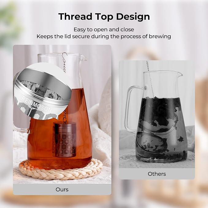 Reinmoson Tea Strainers for Loose Tea, Extra Fine Mesh Tea Infuser, 304 Stainless Steel & Updated Slim Threaded Lid, Loose Leaf Tea Steeper for Black Tea, Rooibos, etc