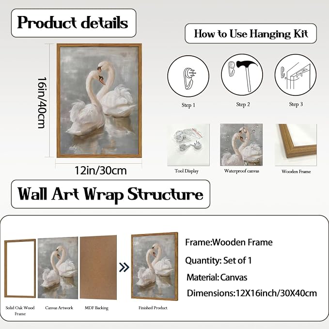 Framed Vintage Swan Canvas Wall Art, Romantic White Swan Paintings Wall Decor, Rustic Animal Pictures Prints Farmhouse Home Decor for Living Room Bedroom 12x16 inch