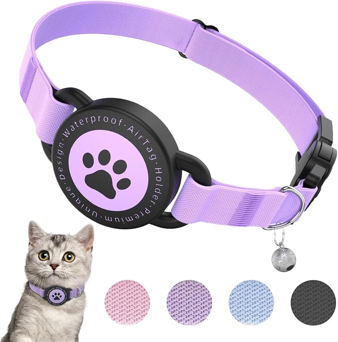 Airtag Cat Collar, Stretchy Kitten Collar with Apple Air Tag Holder, Purple