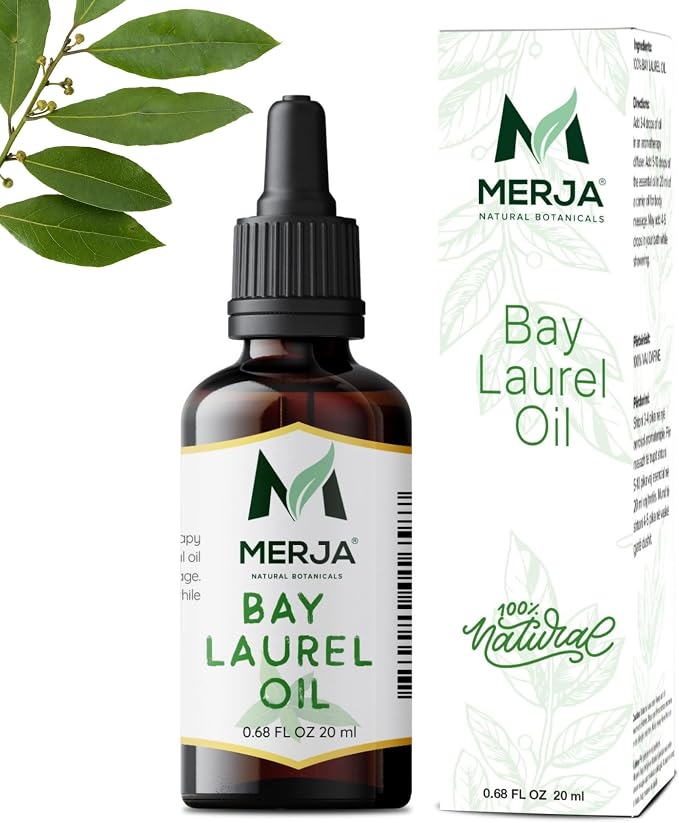 Merja Bay Laurel Essential Oil, Natural, 0.68 fl oz, for Face Hair Body and Aromatherapy, Pack of 1