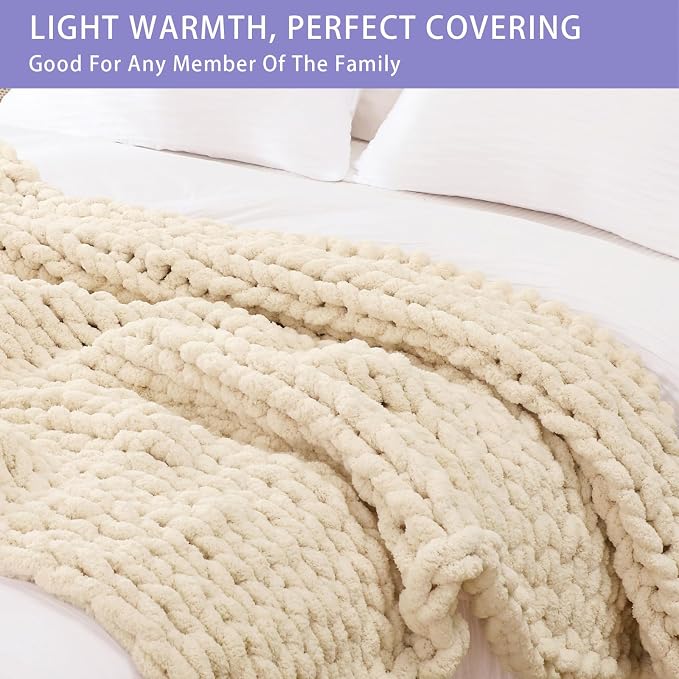 Bigacogo Chunky Knit Throw Blanket for Couch, 40x60 inches, Beige | Hand Knit with Jumbo Chenille, Soft Breathable Cable Knit for Sofa Bed Living Room, Machine Washable, Gift for Mom Friend