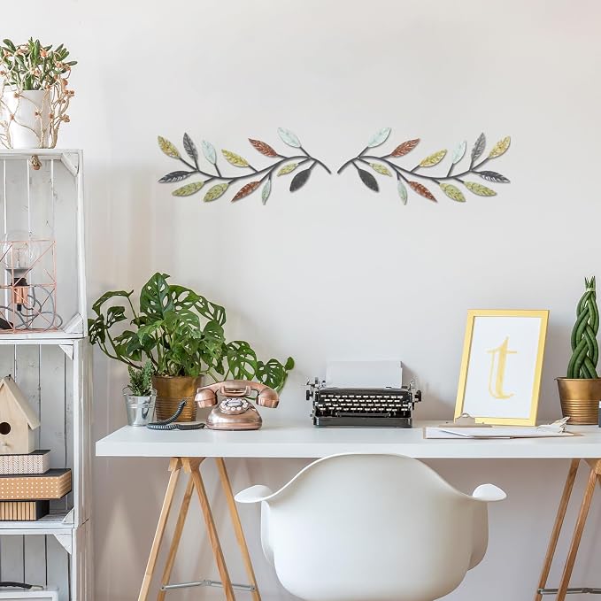 Zhengmy 2 Pcs Metal Leaf Wall Art Vine Branch Decor,Multi Color | Olive Branch Metal Decor for Living Room Hallway, Symmetrical Leaf Pair for Doorway Entryway, Lightweight Hanging Art Design