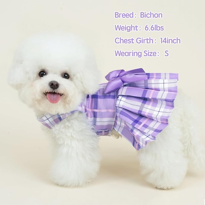 XPUDAC 4 Pack Plaid Dog Dress for Small Dog, Sweet Bowknot Cute Puppy Dress Pet Princess Clothes for Birthday Holiday Spring Summer Pet Outfits Girl Pink Purple, XL