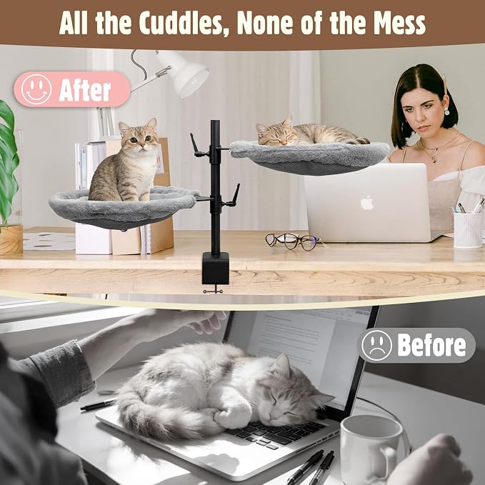 Double Cat Desk Bed, 360° Rotating & Adjustable Heigh Kitten Nest for Desktop, Double Kittens Clamp Hammock Bed with Dual-Sided Reversible Mat for Home Office-Maximum Hold Up to 40lb