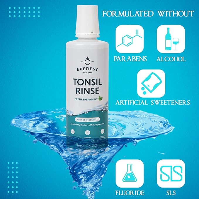 Everest Mouth Wash & Tonsil Stone Remover – Natural Mouthwash or Oral Rinse Liquid to Help Soothe Tonsils, Bad Breath, & Relieve Dry Mouth - Alcohol Free Treatment (17 fl oz (3 Pack), Spearmint)