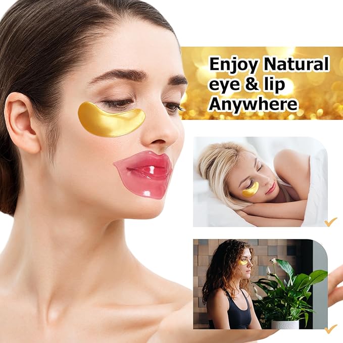 Jakuva 30 Pairs Lip Masks & Eye Masks,Gold Under Eye Patches for Puffy, Moisturizing Lip & Eye Skin, Anti-Aging, Reducing Fine Lines,Nourishing for Face Care