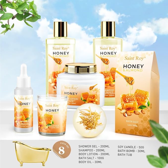 Mothers Day Birthday Spa Gifts for Women, 8pcs Honey Almond Bath Gift Set for Women, Spa Gift Basket for Women & Men, Home Spa Gift Set, Self-Care Spa, Birthday, Christmas, Mother Day, Anniversary