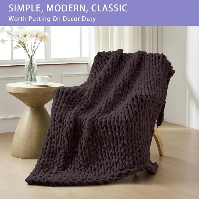 Bigacogo Chunky Knit Throw Blanket for Couch, 51x63 inches, Chocolate | Hand Knit with Jumbo Chenille, Soft Breathable Cable Knit for Sofa Bed Living Room, Machine Washable, Gift for Mom Friend