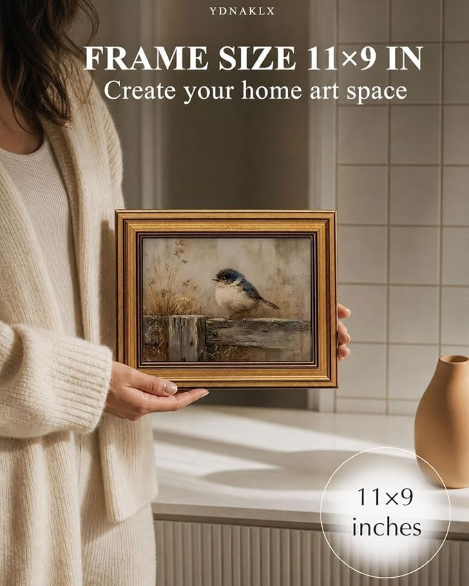 Gold Framed Wall Art, Rustic Nature Bird Canvas Prints, Neutral Farmhouse Bird Picture Wall Decor, Vintage Country Cottagecore Artwork for Living Room Bedroom 9x11 inch