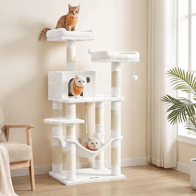 Feandrea Cat Tree, 55.8-Inch Cat Tower, Multi-Level Plush Condo with 11 Scratching Posts, 2 Perches, Hammock, Cave, Light Warm White UPCT015W02
