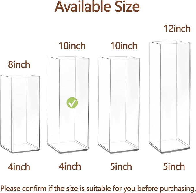 Acrylic Square Flower Vase, Non-breakable Vase, 4" x 4" x 10" Tall Clear Vases for Flower, Large Cube Floral Plant Container, Planter Terrarium for Wedding Party Event, Home Office Decor
