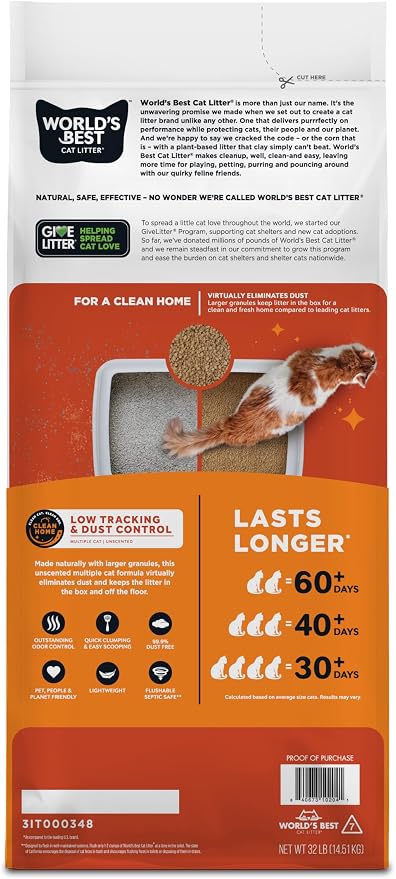 World's Best Cat Litter, Low Tracking & Dust Control, Unscented, 32 lb Bag