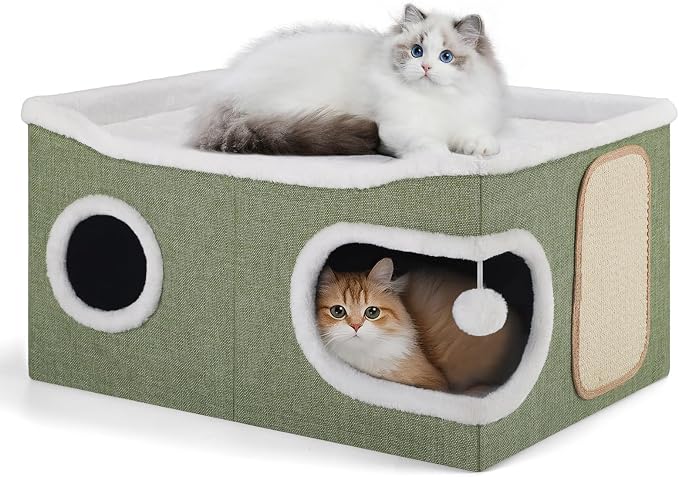 Shikha Extra Large Cat House Bed for Multi Cats with Scratch Pad Green | 24 x 17.7 x 12.6 IN Widen Cat Cave Cube for Multi Pets, Foldable, Arc-Edge Design, Oval Door, All Seasons Reversible Cushion