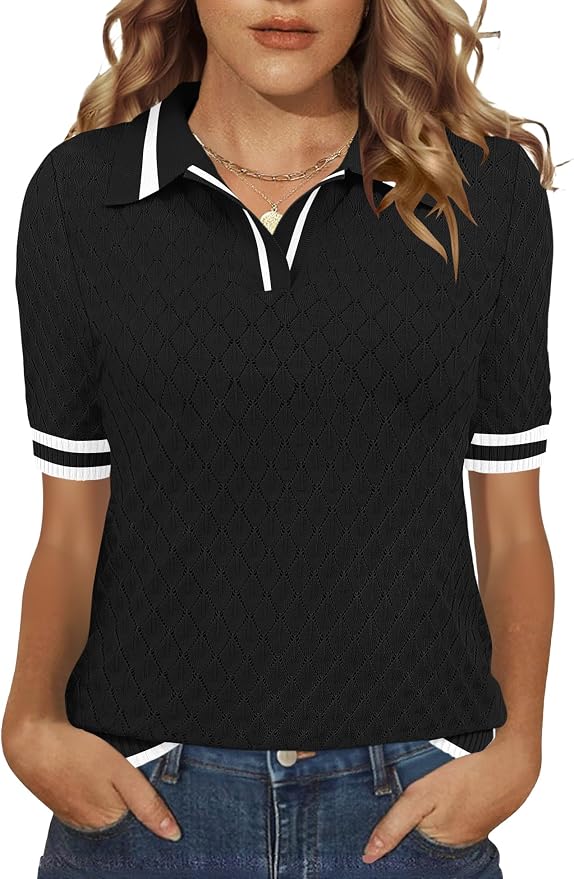 Rapbin Womens Short Sleeve Knit Polo Shirts Summer Spring Sweater Tops | Classic V Neck Collared Shirts Lightweight Business Casual Basic Fashion Pullover Polo Sweater for Work Formal Daily Wear