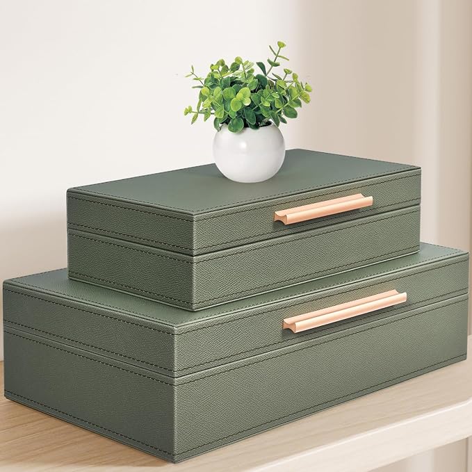 Decorative Box, Decorative Boxes with Lids 2-Set, Memory Box for Keepsakes | Beautiful PU Leather Decorative Storage Boxes in Style, Decor Box with Rose Metal Handle, Store Photos, Documents Green