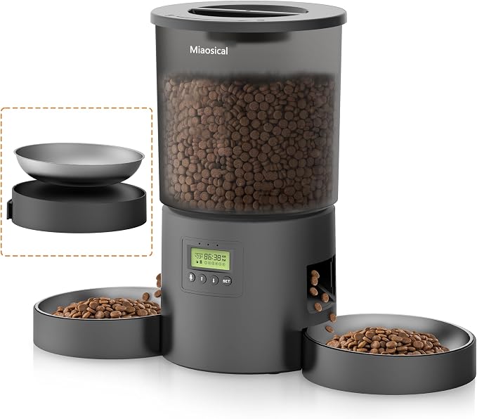 Automatic Cat Feeder 2 Cats, 4.2L Dry Food Auto Dispenser with Double Bowls,Dual Power Supply,Programmable Portion Control,10s Voice Recorder(Black,Stainless Steel Bowls) (Transparent+Black)