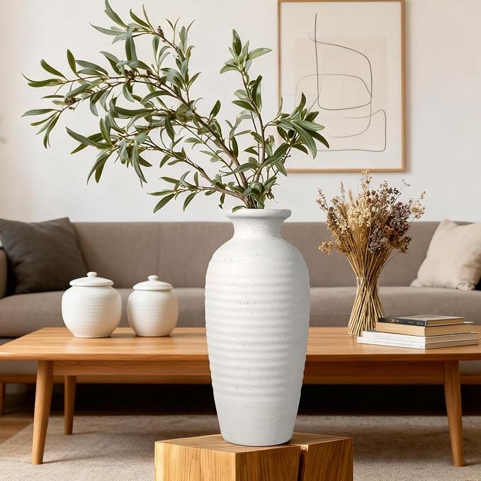 14.4" Vintage Tall Ceramic Vase, Farmhouse Modern Living Room Decor | Textured Surface Flower Vase for Home Decor,Large Ceramic vase Perfect for Living Room, Gift for Housewarming