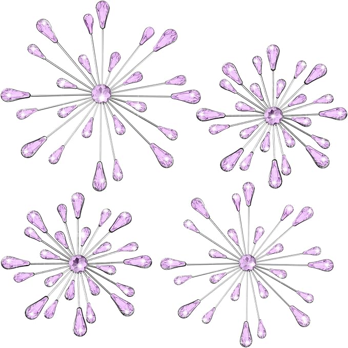 Hicarer 4 Pcs Starburst Wall Decor Bling Wall Art Crystal Teardrop 3D Hanging Rhinestone Radial Metal Artwork Modern Accent Sculptures Decorations for Living Room Home Office Bedroom(Purple)