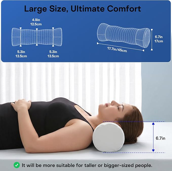 Neck Roll Pillow - Cooling Cover Round Neck Pillow for Sleeping - Memory Foam Cervical Support Pillow - Ergonomic Cylinder Pillows for Neck, Leg, Back, Yoga, Relaxing (Blue White)