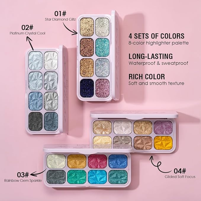 8-Color Glitter Eyeshadow Palette, Star Diamond Glitz, High Shine Metallic & Sparkle Shades, Long-Lasting Waterproof Eye Makeup, Smooth Blendable Powder for Party & Night Look
